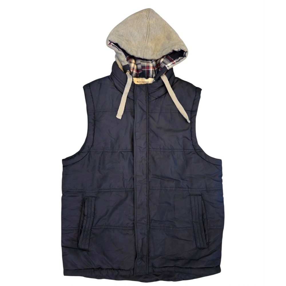 Weatherproof Vintage Mens Navy Blue Puffer Vest Plaid Flannel Lined Hooded Large